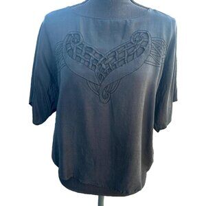 VTG Marie France Silk Shirt Womens M Black Cutouts Embroidery Lightweight